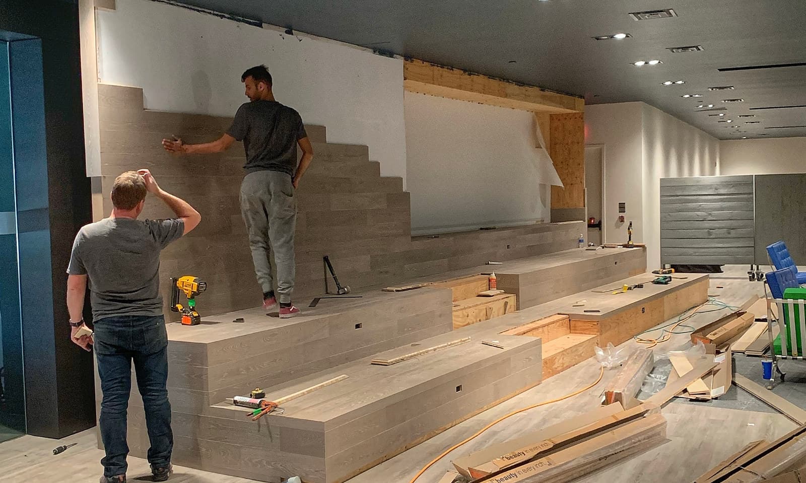 A wood stage under construction at the Toronto Congress Centre