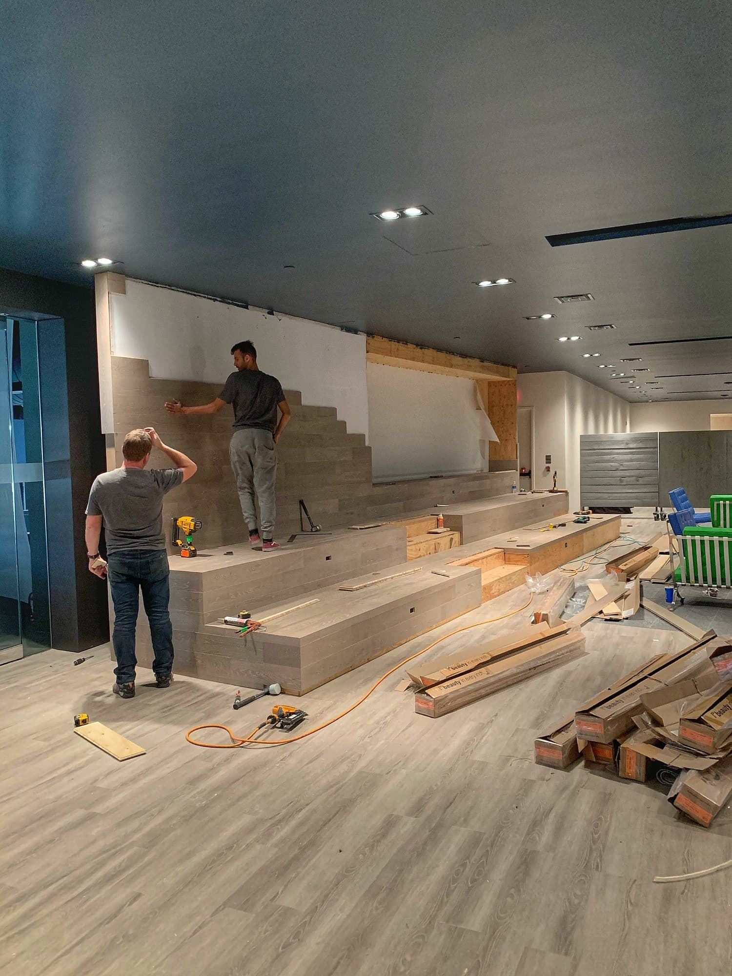 Wood stage, tiered seating and timber feature wall at the Toronto Congress Centre by Woodstellar