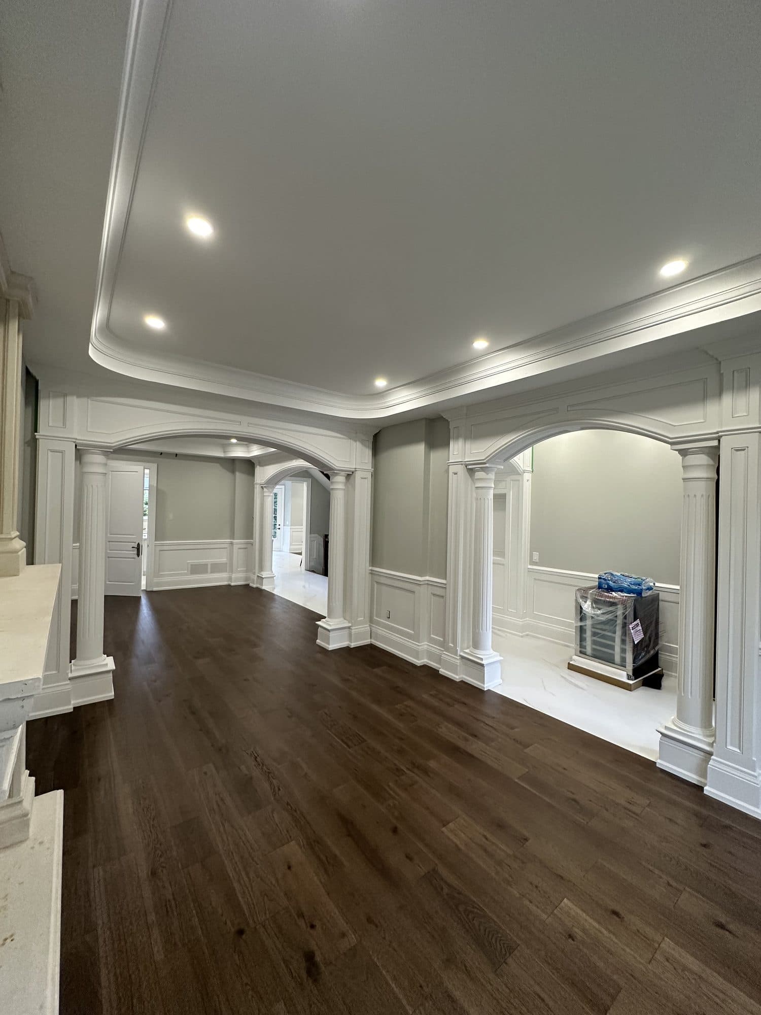 A columned living space with a tray ceiling and wide dark hardwood flooring