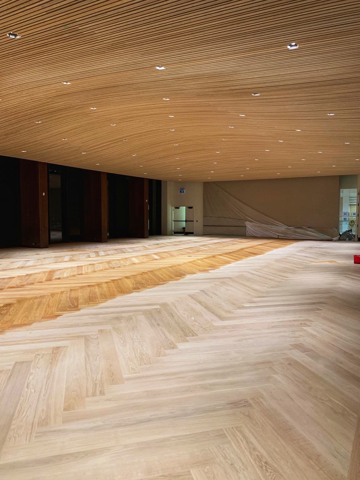 Warm-toned herringbone hardwood flooring in natural light